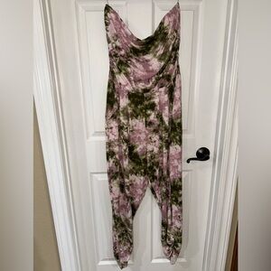 Full Circle Trends Juniors 1X Strapless Jumpsuit Pink/Green Multi Pattern